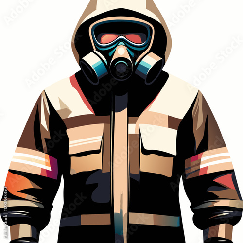 Person in protective hazmat suit and gas mask stands alert against white background. Earth-toned figure portrays safety readiness. Concept: Safety Equipment, Emergency Services, Industrial Safety