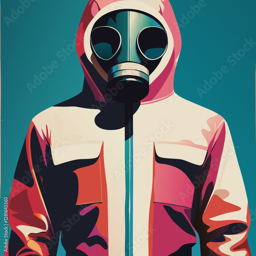 Figure in pink jumpsuit and gas mask stands against teal background. Pop art style creates bold dystopian atmosphere. Concept: Urban Fashion, Music Industry, Contemporary Art