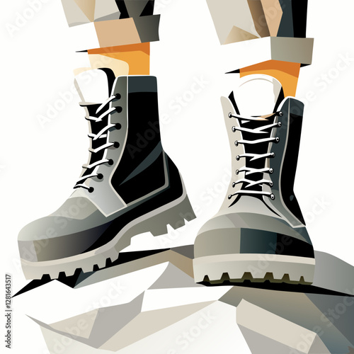 Gray hiking boots positioned on rocky terrain. Durable outdoor footwear with detailed lacing system shown in active setting. Concept: Outdoor gear, Adventure equipment, Hiking supplies