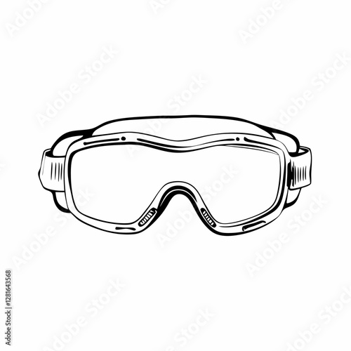 Technical line drawing of ski goggles with curved lens, front view. Perfect for winter sports equipment. Concept: Sports Equipment, Winter Gear, Outdoor Activities