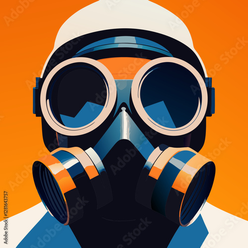 Person wearing protective respirator and cap looking directly at camera. Portrait shows determined expression behind safety gear. Concept: Safety equipment, Healthcare PPE, Industrial protection