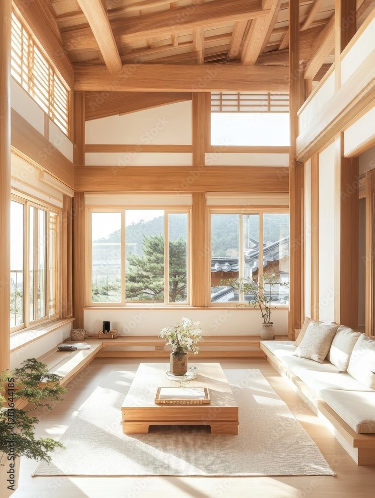 Fototapeta premium A bright Japanese inspired interior room with wood accents