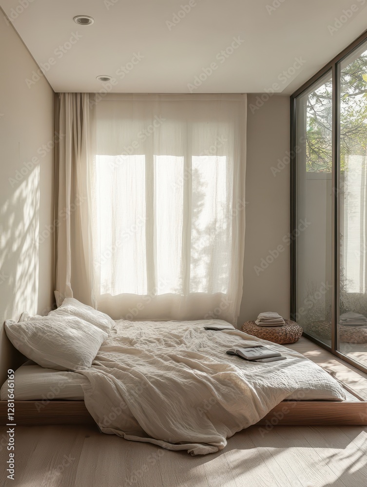 Fototapeta premium A serene and well lit minimalist bedroom scene
