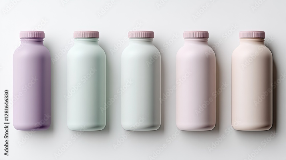 Five pastel paint bottles are artfully arranged on a white surface, showcasing their soft hues and aesthetic charm Five pastel paint bottles are artfully arranged on a white surface, showcasing their soft hues and aesthetic charm