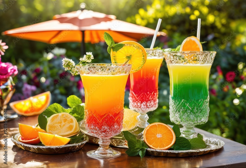 Fototapeta premium vibrant summer drinks showcased colorful glassware under bright outdoor sunshine setting, beverage, refreshment, cocktail, tropical, ice, lemon, fruit, fun
