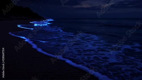 Mesmerizing bioluminescent bay at night with glowing water and starlight