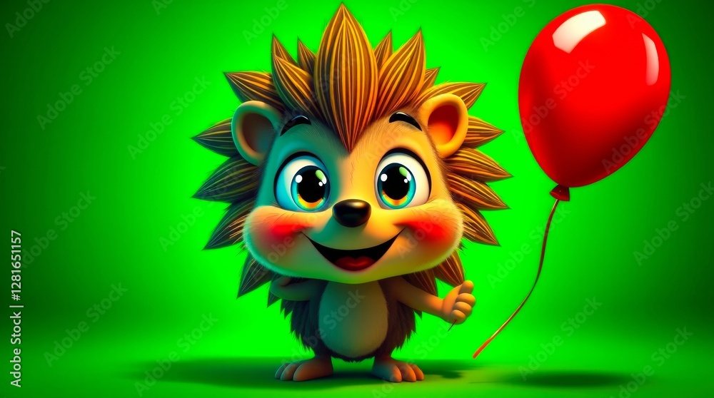 Fototapeta premium Delightful animated hedgehog holding a red balloon, set against a vibrant green backdrop, perfect for children's content.