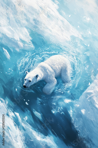 Illustration of a polar bear swimming gracefully through the icy waters of the Arctic. Its thick white fur contrasts with the deep blue ocean, creating a striking image of strength and beauty in the
