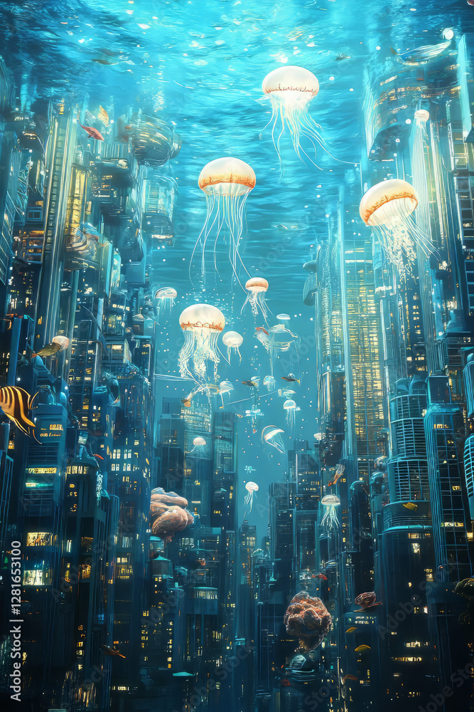 Obraz premium Illustration of a surreal underwater city, its towers made of coral and glass rising from the ocean floor. Fish with shimmering scales dart through the streets, while glowing jellyfish float gently