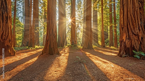 Sunlight streaming through a forest of tall redwood trees, casting long shadows on the forest floor photo