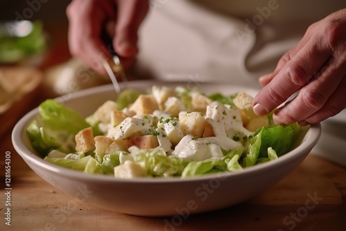 Indulge in a delicious caesar salad with canned crab and homemade croutons, perfect for lazy mornings with family and friends enjoying fresh flavors.