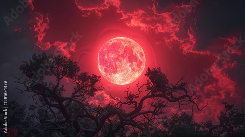 Blood moon with swirling red clouds and gnarled tree branches in a shadowy forest photo