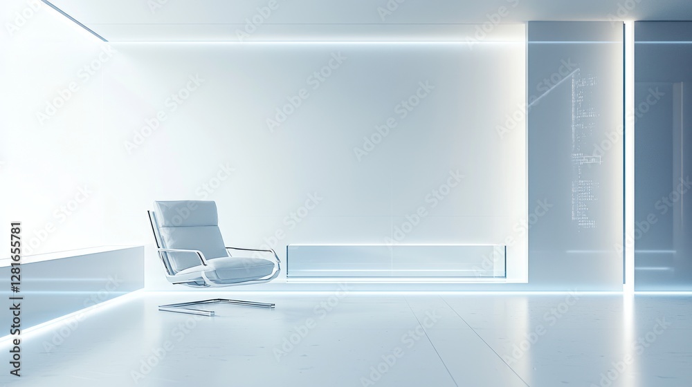 Fototapeta premium Futuristic Minimalist Interior Design: Serene White Room with Modern Chair