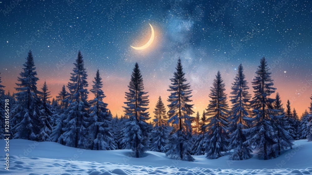 Fototapeta premium Winter Wonderland with Crescent Moon and Starry Sky Over Snowy Pine Trees