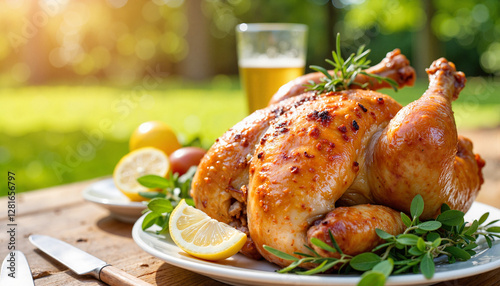 Juicy roast chicken with lemon and greens on picnic table, outdoor feast