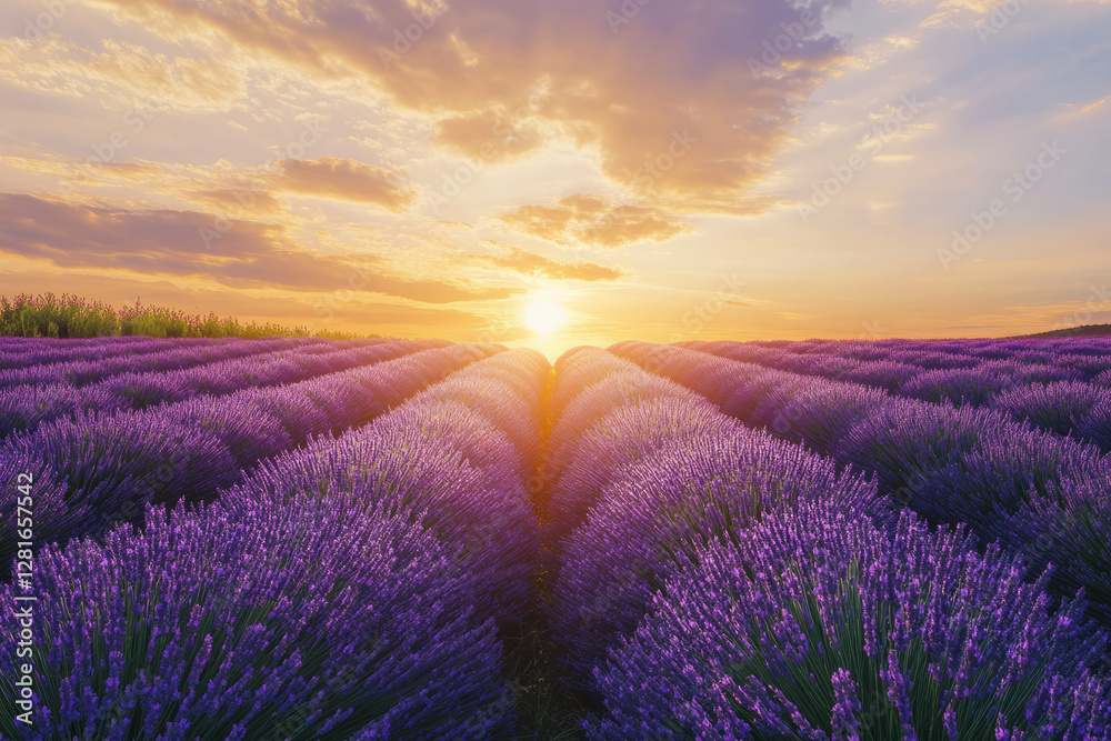 Obraz premium Illustration of a vibrant lavender field stretching endlessly under a golden sunset sky. The rows of purple flowers contrast beautifully with the warm tones of the setting sun, while a gentle breeze