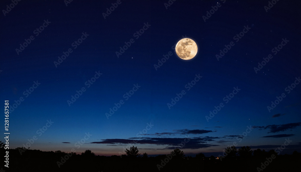 Glowing worm moon illuminating clear night sky, nature's beauty Glowing worm moon illuminating clear night sky, nature's beauty