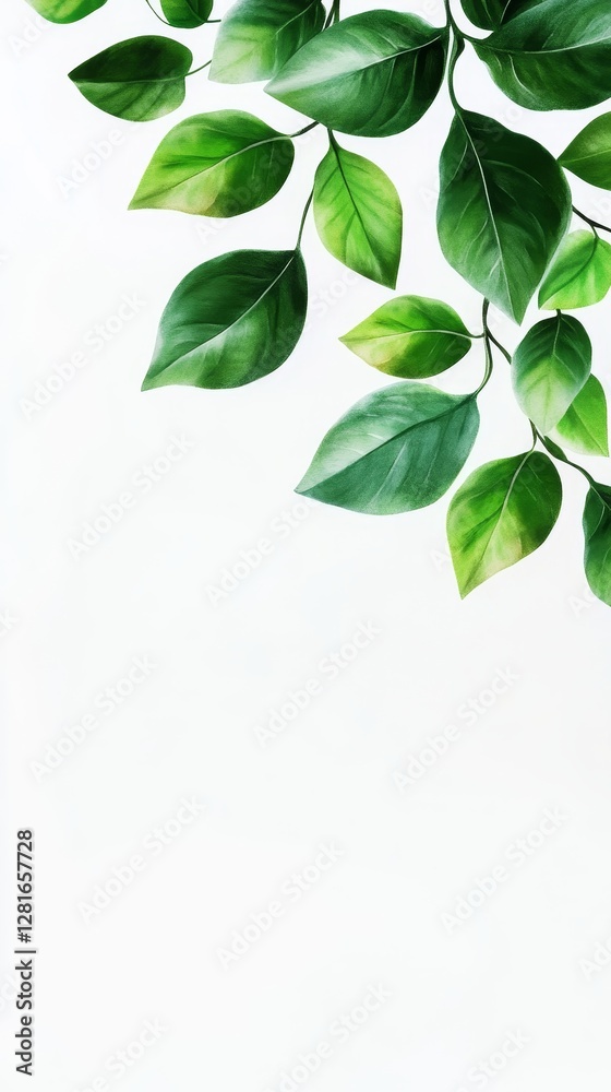 Obraz premium Lush Green Leaves on White Background - Vibrant green leaves elegantly arranged on a pristine white backdrop, perfect for nature-themed designs and presentations