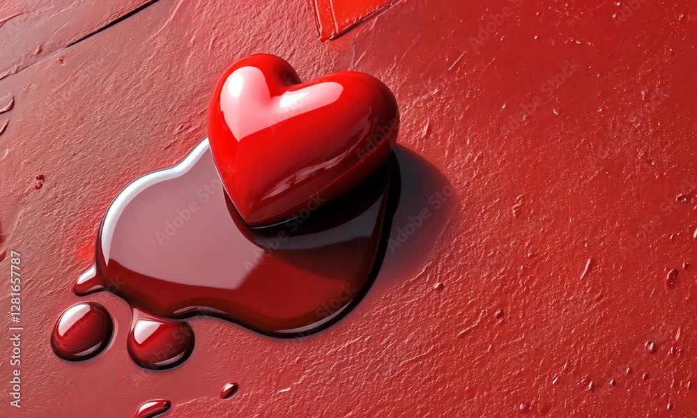 Glossy red heart on textured background with liquid-like appearance