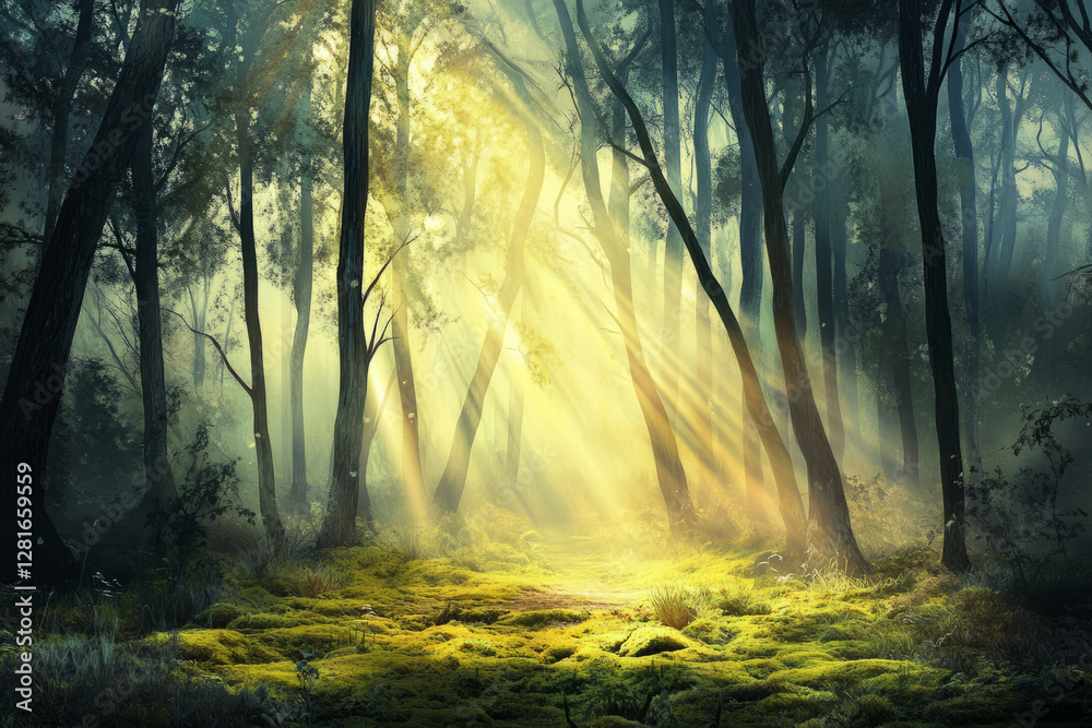 Obraz premium Illustration of a misty forest at dawn, with soft rays of sunlight piercing through the trees, casting a magical glow over the moss covered ground. The scene is peaceful and mysterious, evoking a