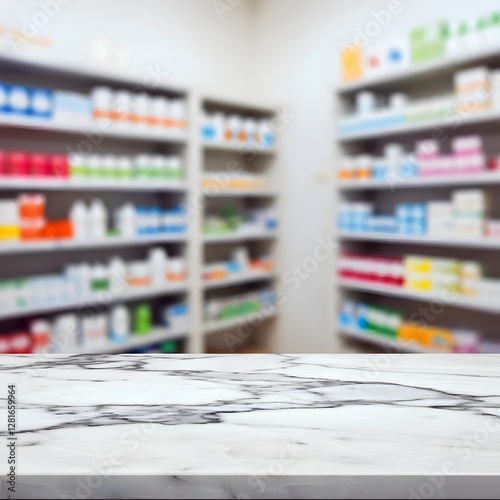 pharmacist in pharmacy, Pharmacy empty white marble table counter with medicines healthcare product arranged on shelves in drugstore blurred defocused background