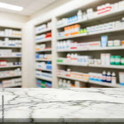 pharmacist in pharmacy, Pharmacy empty white marble table counter with medicines healthcare product arranged on shelves in drugstore blurred defocused background
