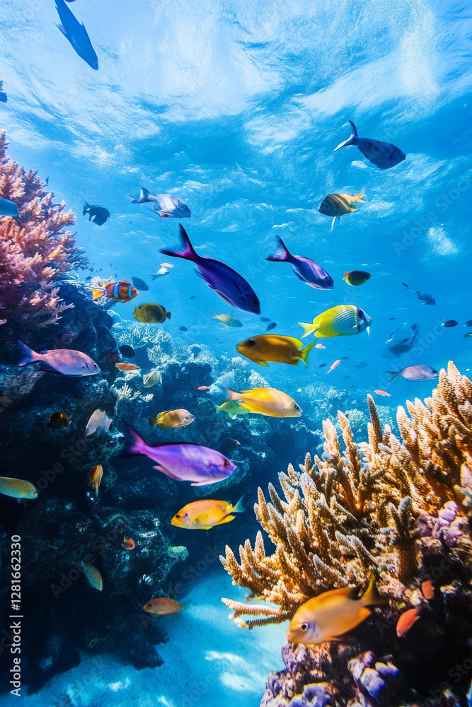 Fototapeta premium Illustration of a school of colorful fish swimming through a vibrant coral reef. The clear blue water is alive with movement, as the fish dart between coral formations, creating a sense of underwater