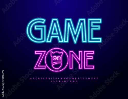 Vector Glowing banner Game Zone with Neon Emblem. Fashion Electric Font. Led Light Alphabet Letters and Numbers.