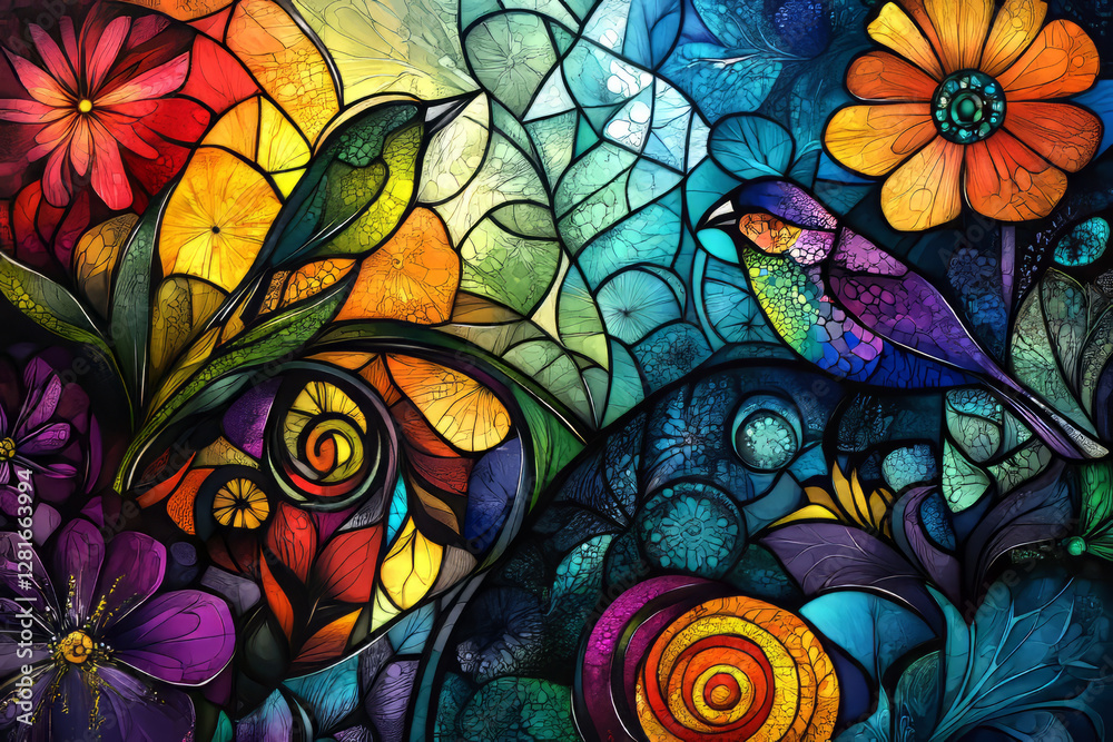 Illustration of a vibrant stained glass window featuring intricate designs of flowers, birds, and abstract patterns. The rich colors and the way the light filters through the glass create a stunning, Illustration of a vibrant stained glass window featuring intricate designs of flowers, birds, and abstract patterns. The rich colors and the way the light filters through the glass create a stunning,