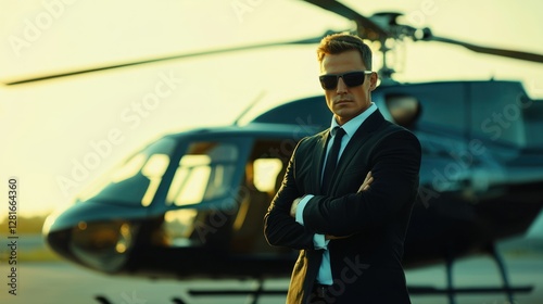 A bodyguard standing in front of a helicopter, ready to escort a client.