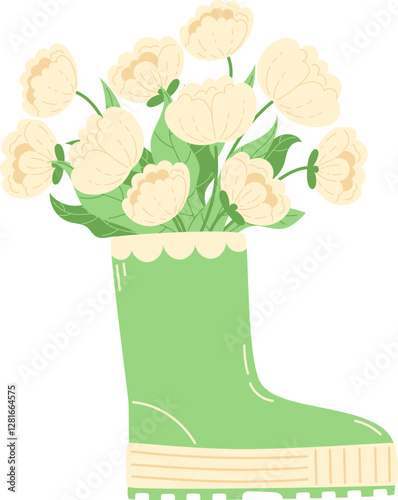 Bouquet of white peonies in a green rubber boot on a rainy day