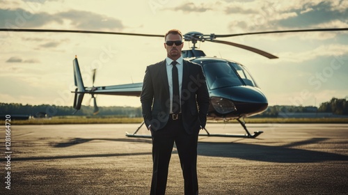 A bodyguard standing in front of a helicopter, ready to escort a client.