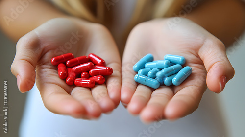 Woman holding red and blue pills in open palms photo