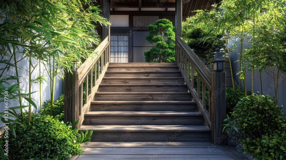 Tranquil Japanese Garden Entrance: Wooden Steps Leading to Serenity Tranquil Japanese Garden Entrance: Wooden Steps Leading to Serenity
