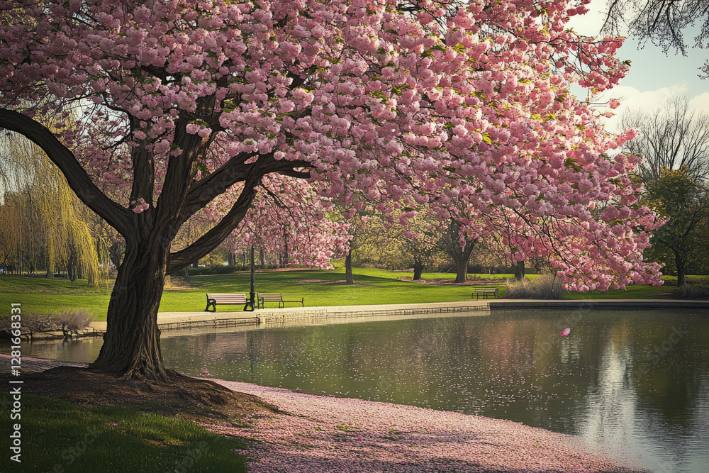 Naklejka premium Illustration of a stunning cherry blossom tree in full bloom, surrounded by a peaceful park with a pond. The soft pink petals float gently down to the ground, and the serene scene is bathed in the