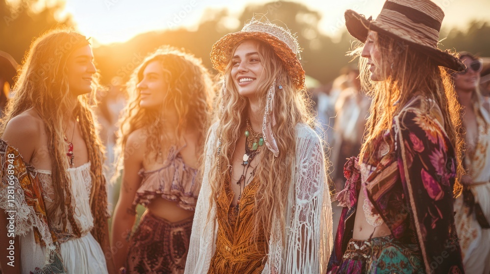 Fototapeta premium A group of friends dressed in boho-chic outfits at a sunset festival.