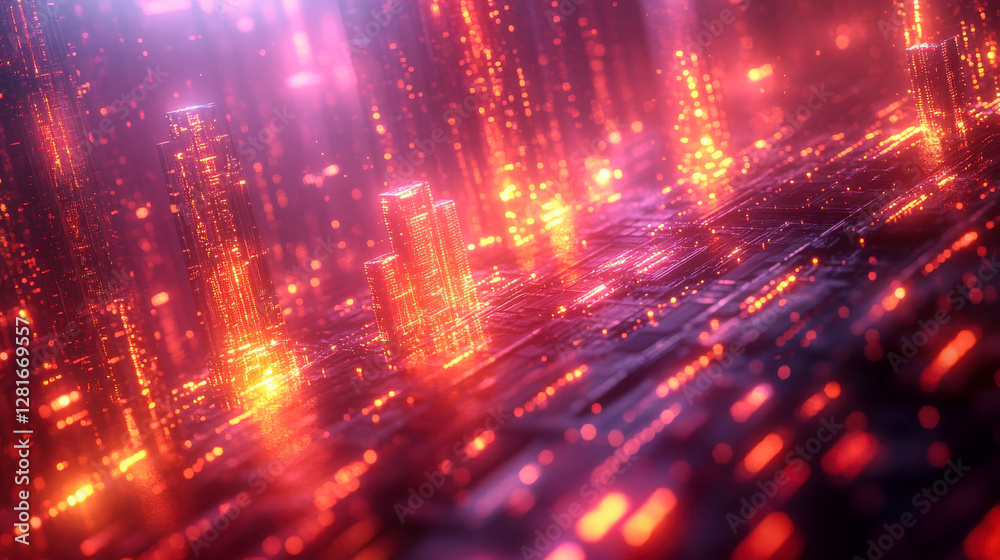 Abstract digital cityscape with glowing red and orange skyscrapers resembling a futuristic virtual metropolis Abstract digital cityscape with glowing red and orange skyscrapers resembling a futuristic virtual metropolis