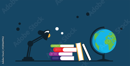 Books Table Lamp and Globe Flat Style. Education and learning, obtaining knowledge concept vector art