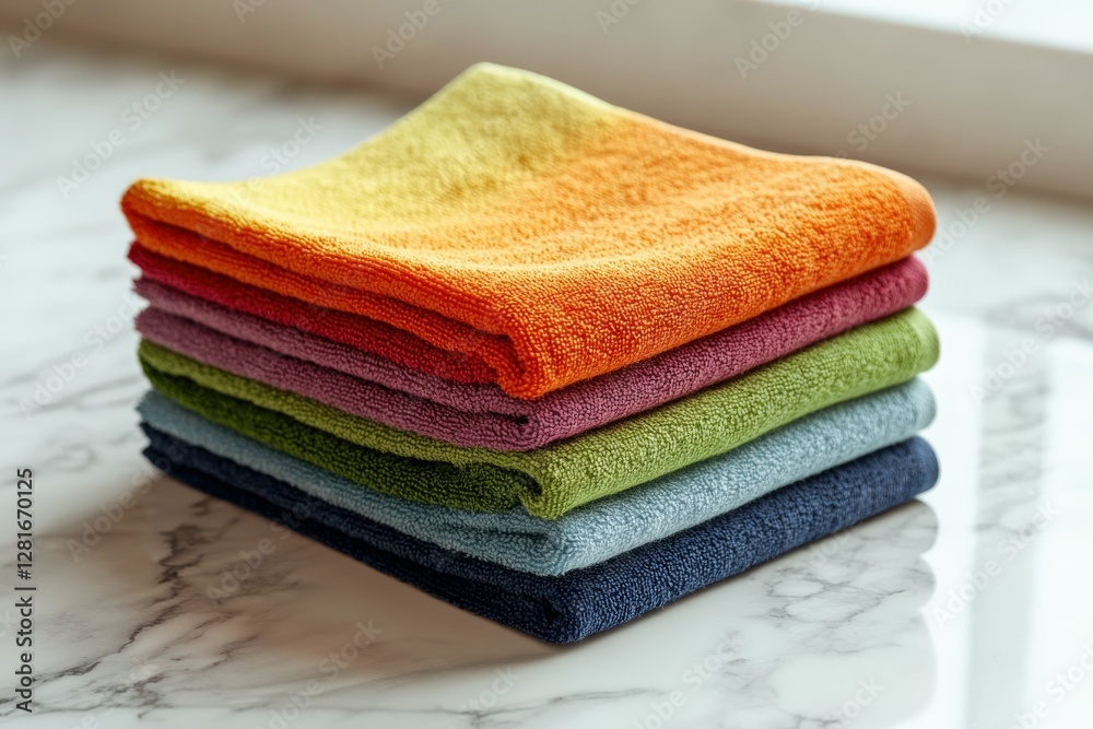 Soft microfiber towels stacked neatly on a marble surface Soft microfiber towels stacked neatly on a marble surface