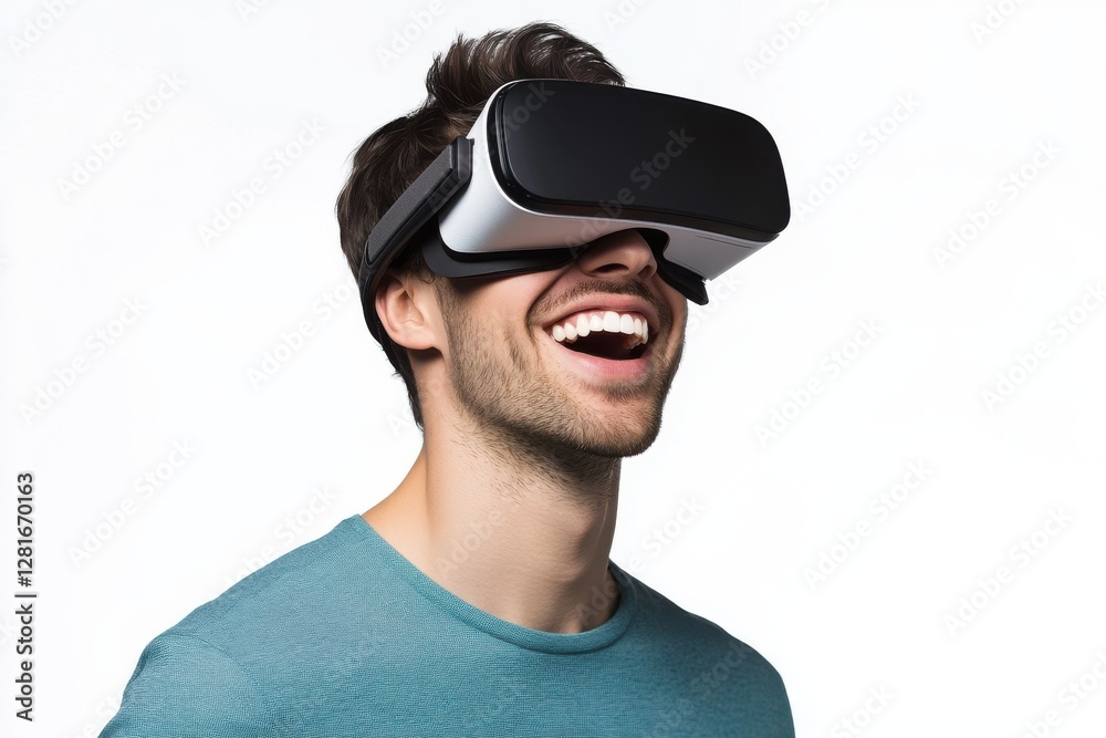 Man wearing VR goggles experiences immersive technology, laughter on white background Man wearing VR goggles experiences immersive technology, laughter on white background