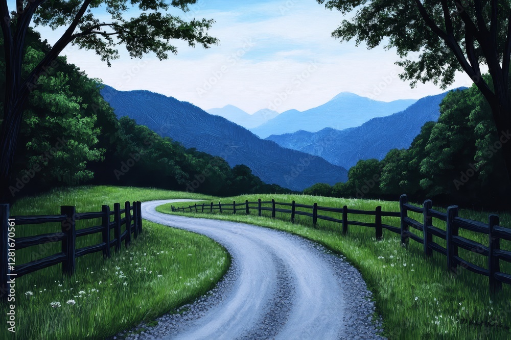 Serene Mountain Road: A Pastoral Landscape - A winding country road leads through a tranquil landscape, symbolizing peace, journey, nature's beauty, escape, and serenity Serene Mountain Road: A Pastoral Landscape - A winding country road leads through a tranquil landscape, symbolizing peace, journey, nature's beauty, escape, and serenity