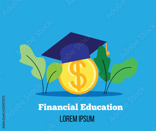 Graduation Hat and Coin Financial Education. Finances, student loan and learning concept vector art