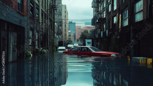 Flooded urban street with abandoned cars