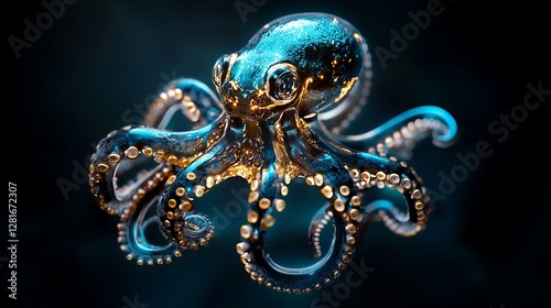 A mesmerizing digital rendering of an octopus with a teal and gold metallic finish. The intricate details and rich colors create a captivating image. photo