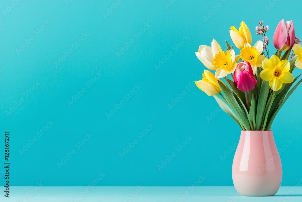 Spring Blooms in Pink Vase - Vibrant tulips and daffodils symbolize spring, renewal, hope, new beginnings, and joy. A cheerful bouquet in a pink vase against a bright blue background Spring Blooms in Pink Vase - Vibrant tulips and daffodils symbolize spring, renewal, hope, new beginnings, and joy. A cheerful bouquet in a pink vase against a bright blue background