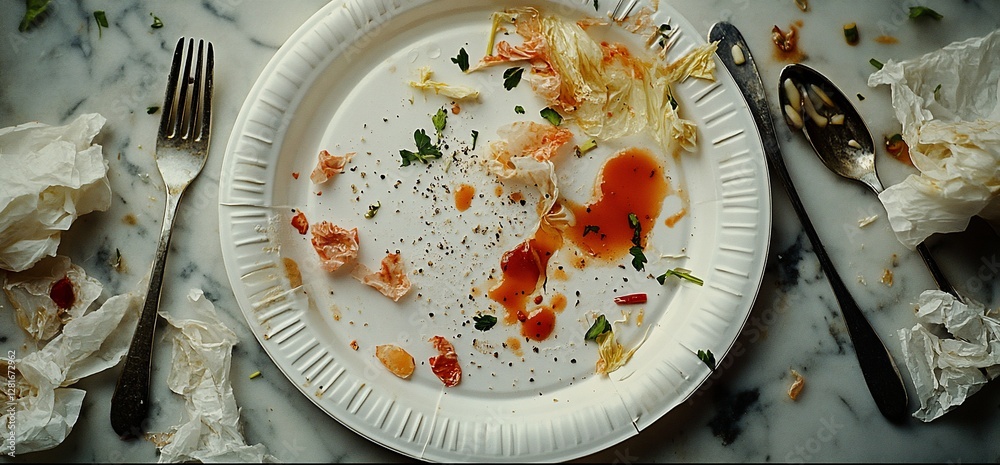 Leftover Asian meal on paper plate, marble table Leftover Asian meal on paper plate, marble table