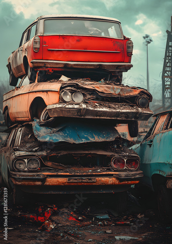 Stacked Old Cars Awaiting Recycling