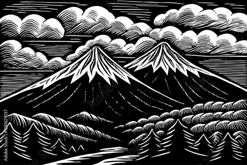 high mountains alpine scenery with clouds landscape black and white hand drawn sketch