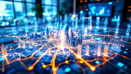 Realistic 3D Holographic City Map Projection Displaying Connectivity Data