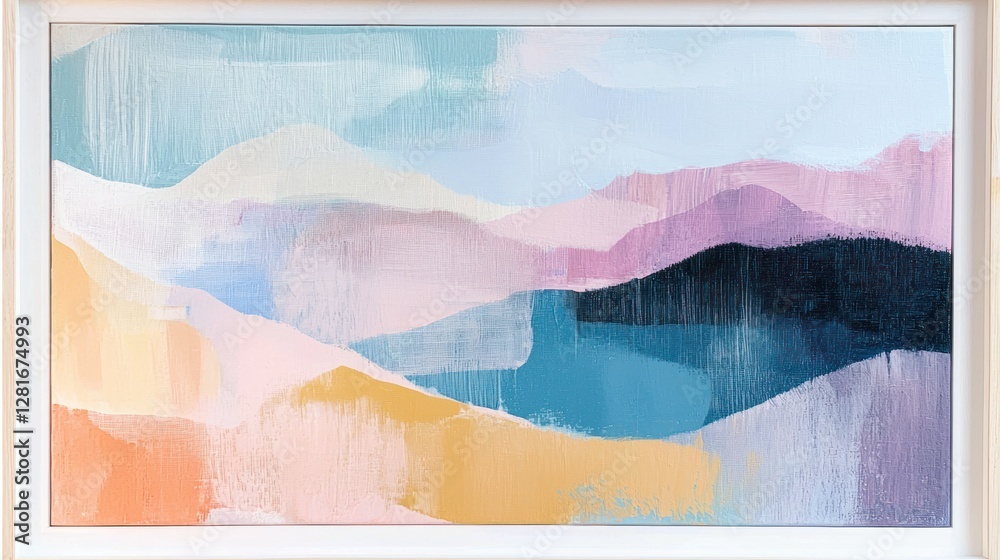 A framed boho painting featuring abstract landscapes and soft pastel hues. A framed boho painting featuring abstract landscapes and soft pastel hues.